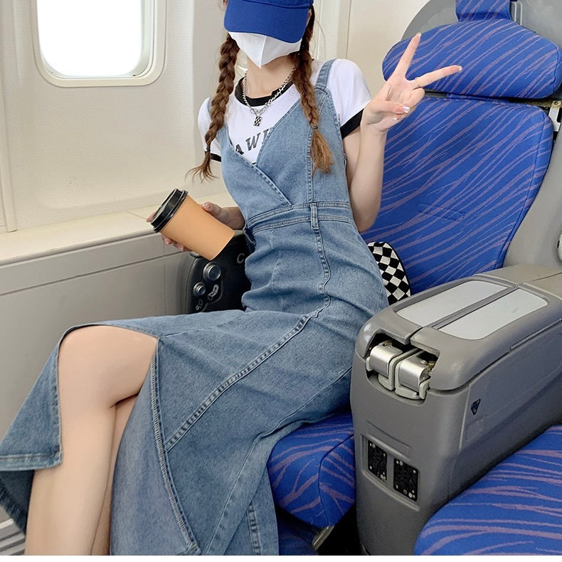 デニム生地 サスペンダー ウエストスリム ロングワンピース mry000031