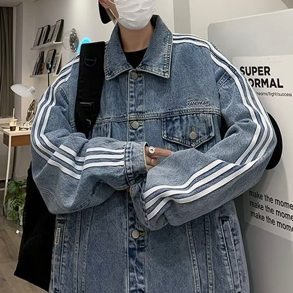 2カラー展開 韓国ストリート 韓国カジュアル ライン入り レトロ デニムジャケット mry001271