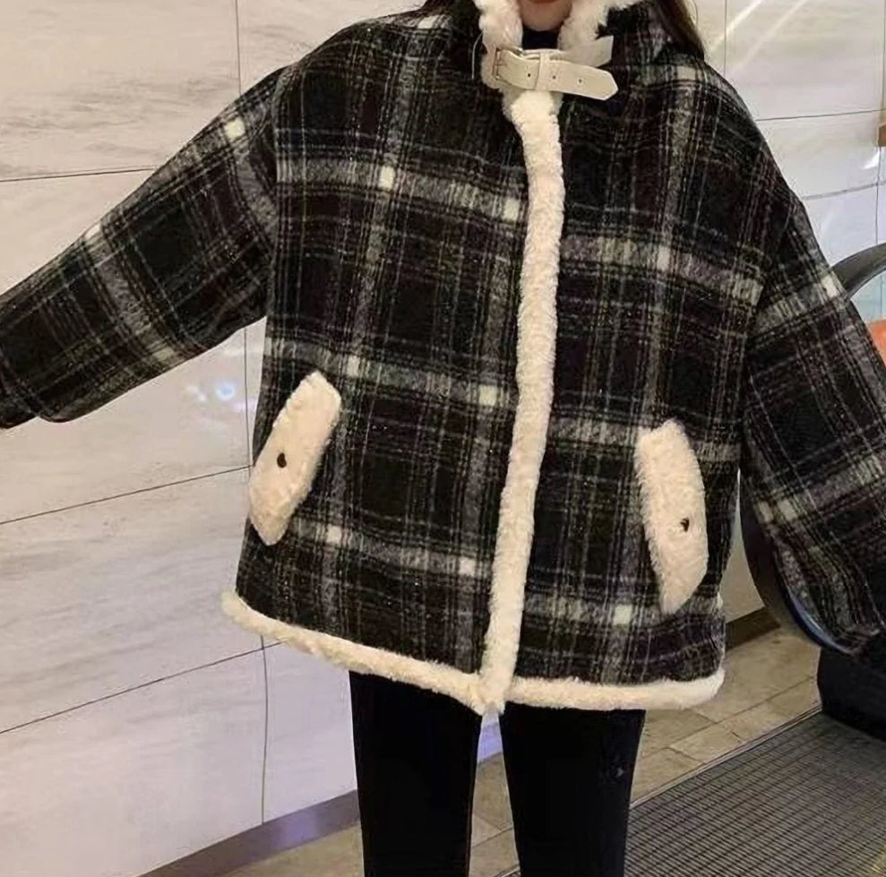 モコモコチェック柄 ハイネックジャケット mry000486