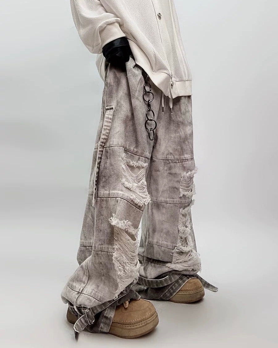 Unisex Distressed Wide-Leg Denim Pants mry001806