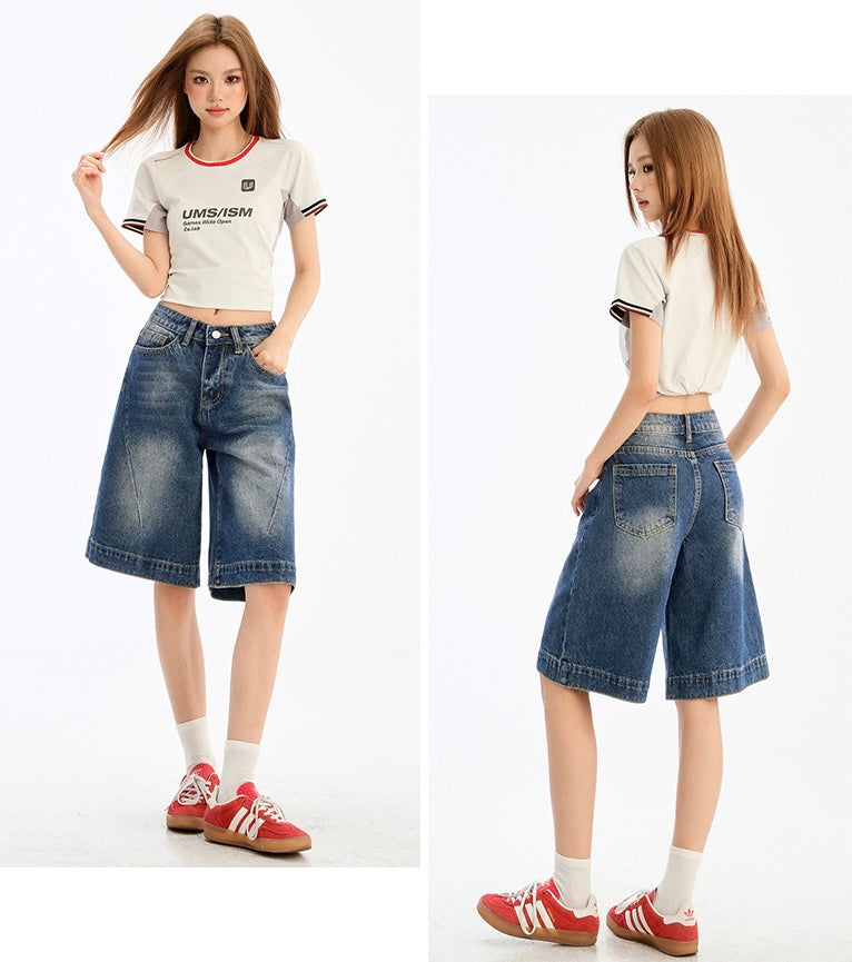 Retro Washed Wide-Leg Denim Shorts mry001752