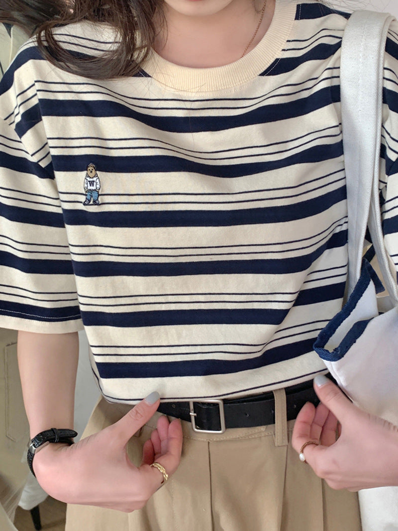 【送料無料】2カラー展開 クマちゃん ワンポイント ボーダー Tシャツ mry000651