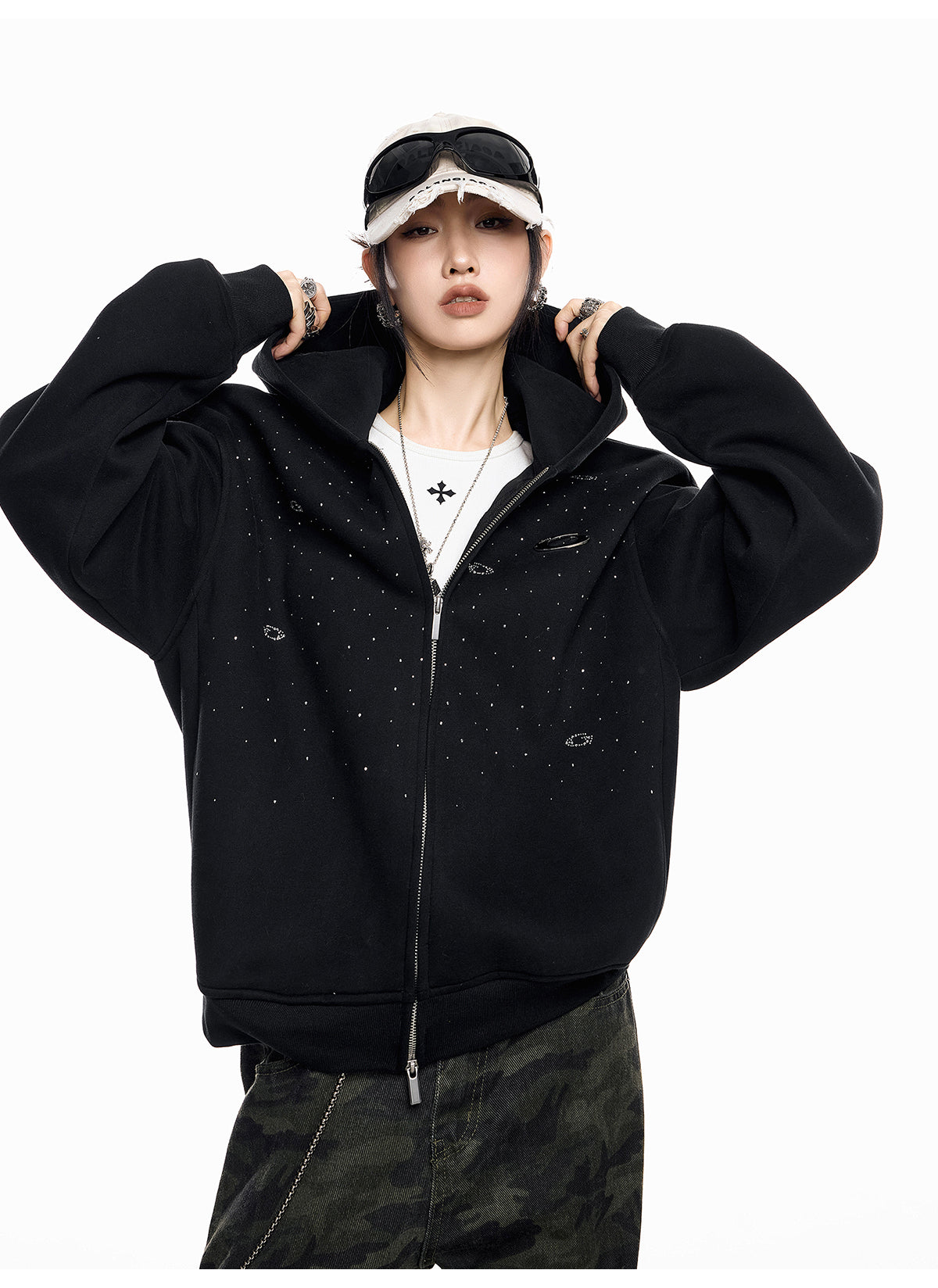 【評価★4.8以上/高品質】Rhinestone Embellished Oversized Zip Hoodie mry001898