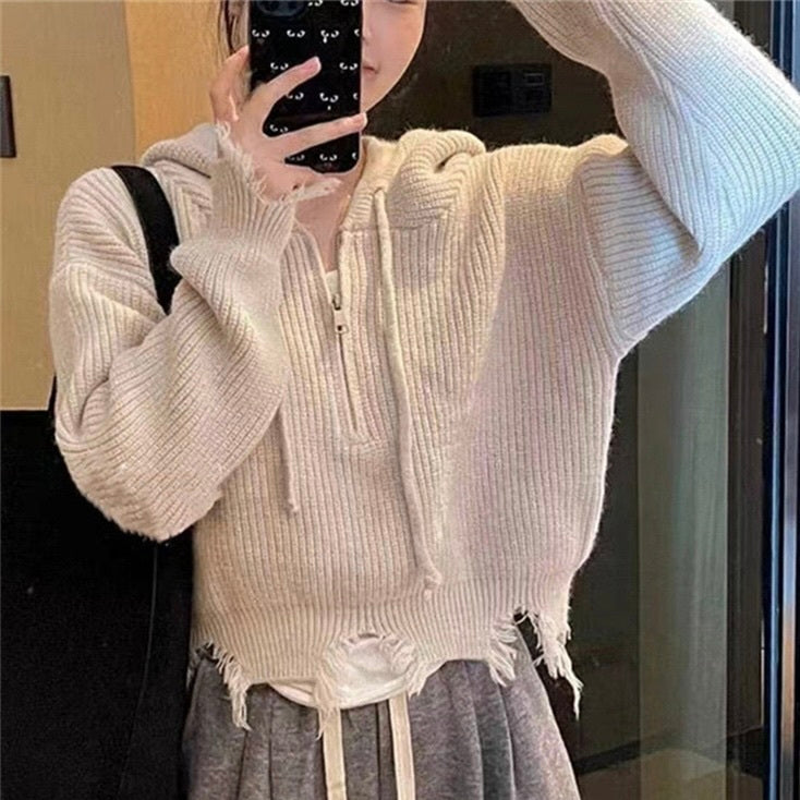 4カラー展開 韓国カジュアル 韓国デザイン ダメージ加工 ジップアップパーカー mry001088