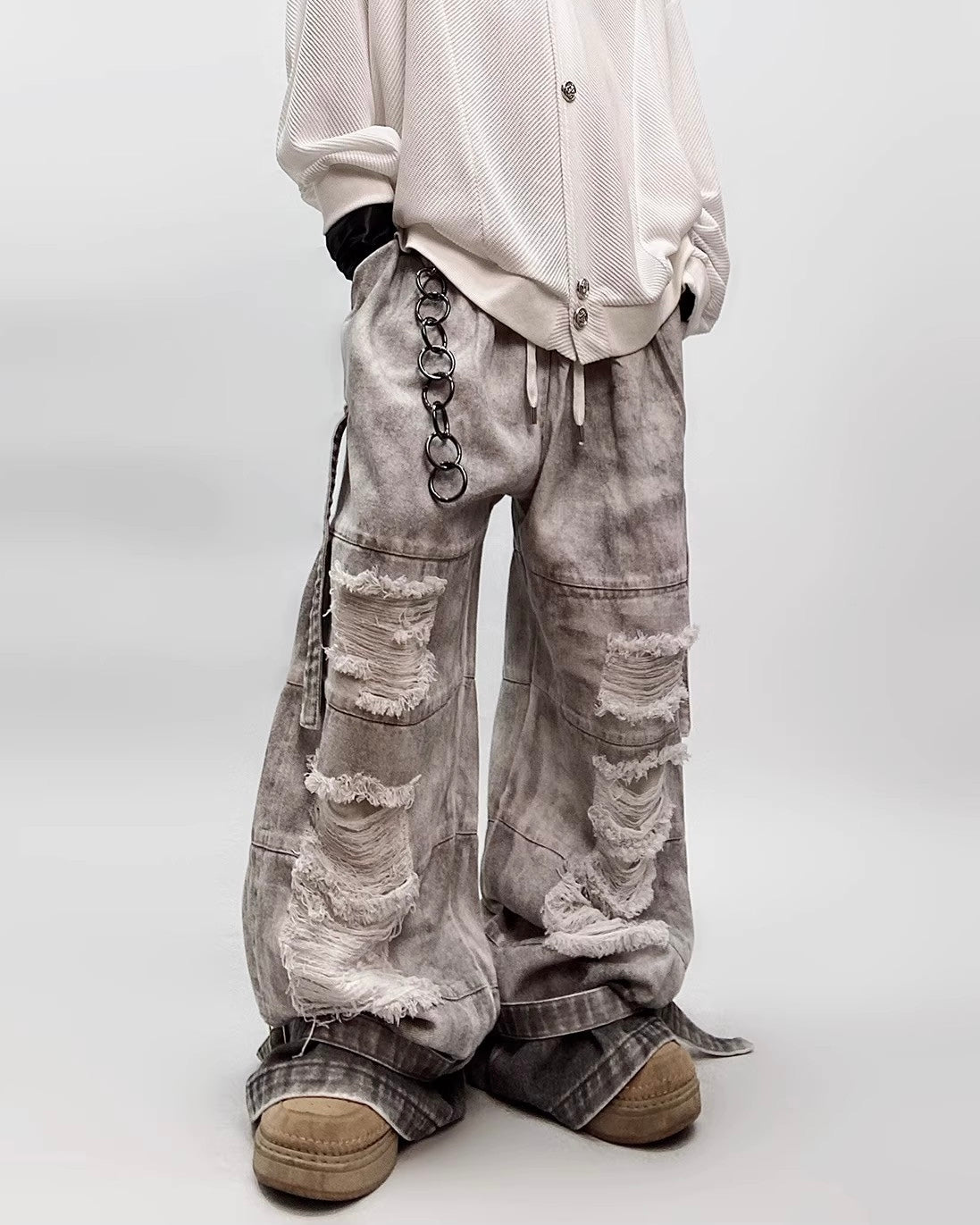 Unisex Distressed Wide-Leg Denim Pants mry001806