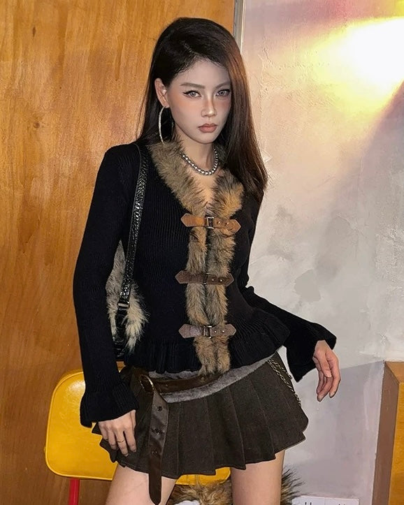 Faux Fur Toggle Knit Cardigan mry002093