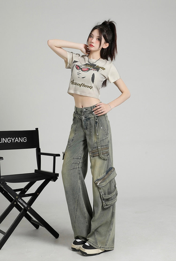 Y2K Multi-Zip Wide Cargo Denim Pants mry001672