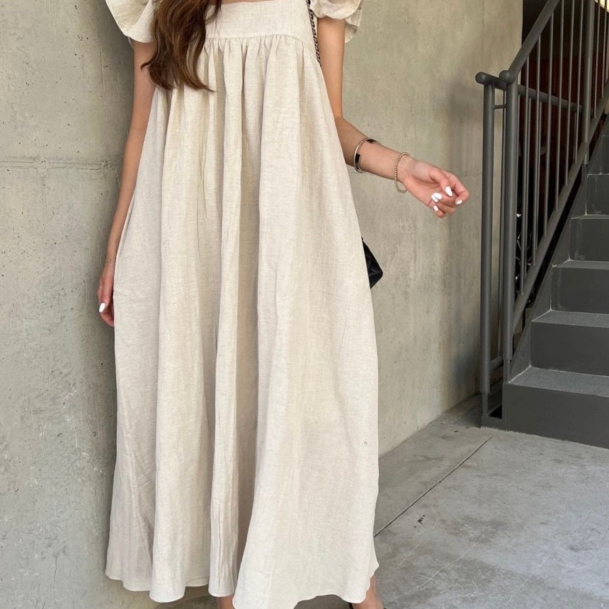 スクエアネック プリーツ フライングスリーブ エレガント ワンピース mry000122