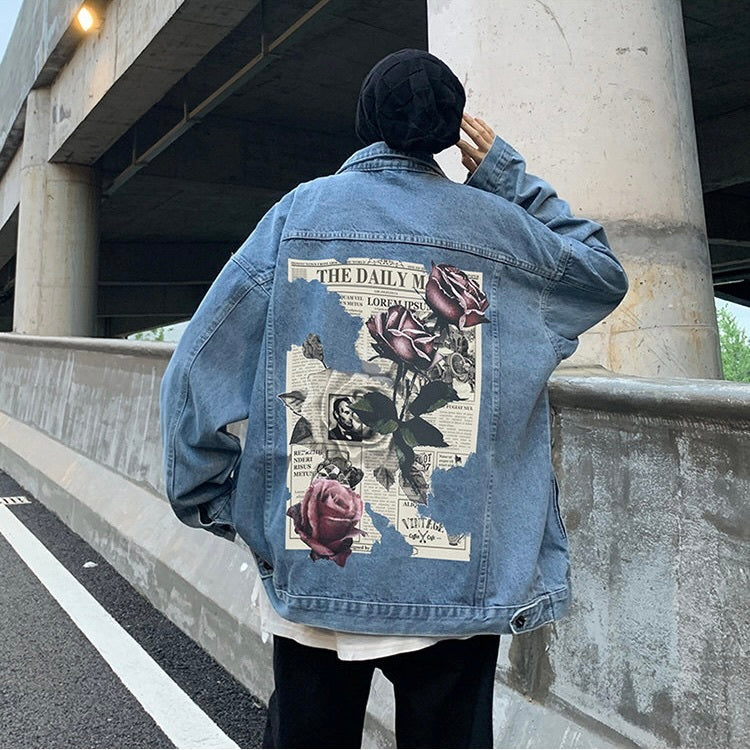 2カラー展開 アメリカン 韓国ストリート 韓国カジュアル レトロ バックプリント デニムジャケット mry001278