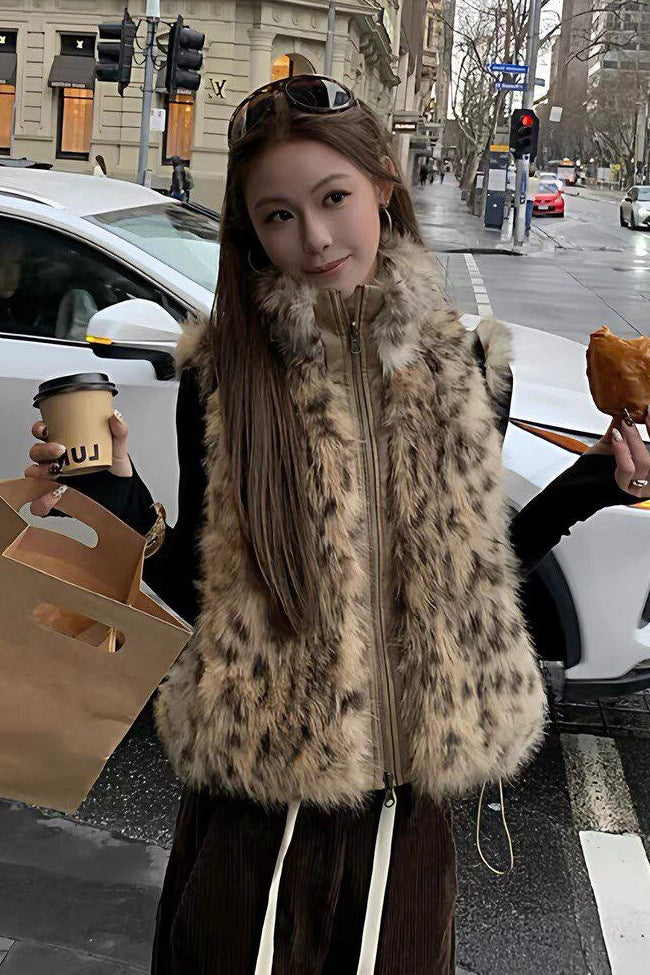 Leopard Faux Fur Zip Vest mry002217