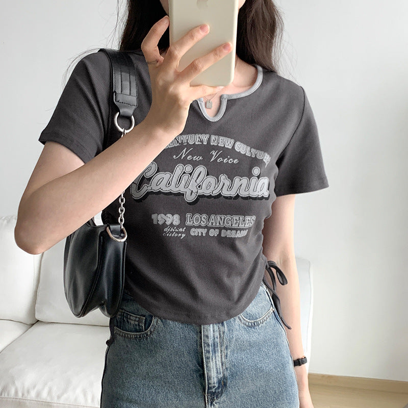 2023SS リアルアメリカン スイートクール ホットガール Vネック ウエスト 巾着デザイン 韓国カジュアル 韓国ストリート mry000738