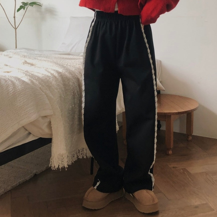 【Carina】2カラー展開 韓国デザイン 韓国ストリート リラックスフィット レース ワイドパンツ mry001198