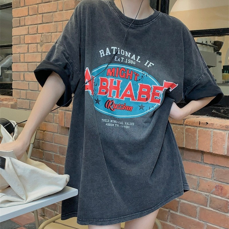 レトロ風Tシャツ ミドル丈 半袖 トップスmry000006