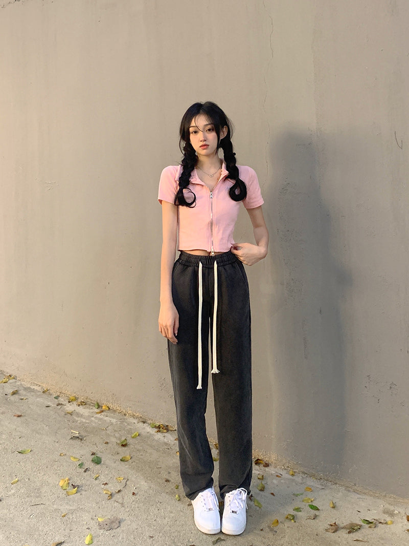 【送料無料】2カラー展開 センタージップ 半袖トップス 韓国カジュアル 韓国ガーリー mry000671