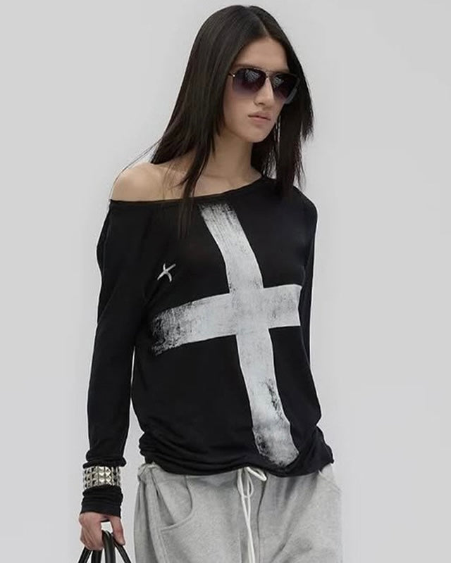 【2color】Cross Print Off Shoulder Tops mry001850