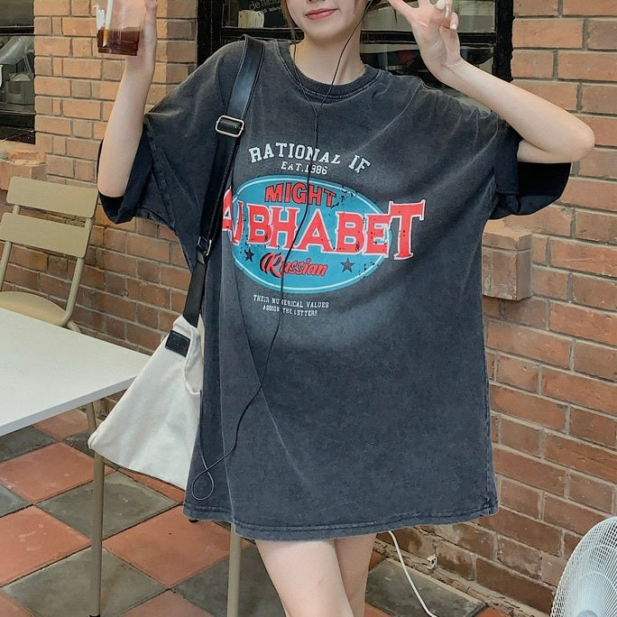 レトロ風Tシャツ ミドル丈 半袖 トップスmry000006