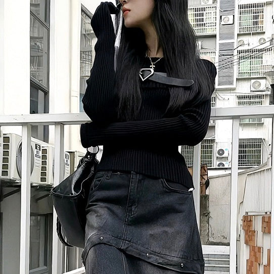 3カラー展開 韓国ストリート 韓国カジュアル オフショルダー リブニットトップス mry001139