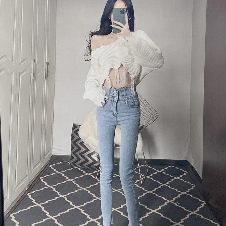 【送料無料】デザイン ハイウエスト ジーンズ スキニー 韓国カジュアル 韓国ガーリー mry000524