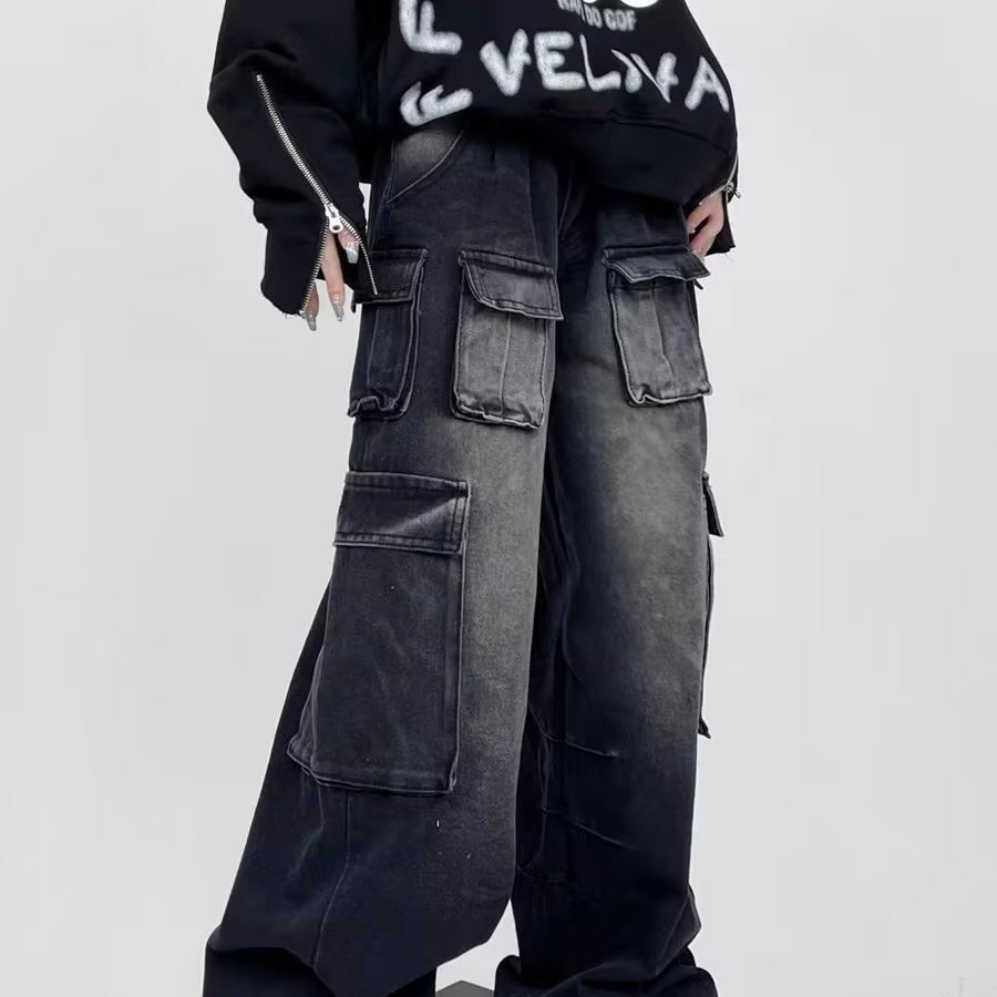 アメリカン 韓国ストリート 韓国カジュアル ヴィンテージ デニム生地 ワイドパンツ mry001226
