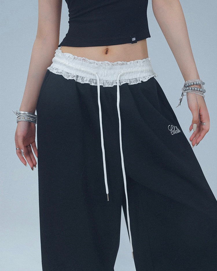 【YURU:FIT】Lace Waist Wide-Leg Sweatpants mry001877