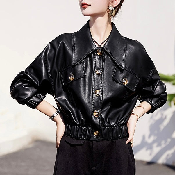 【Plaisir】2カラー展開 アメリカン 韓国カジュアル 韓国デザイン ショート丈 レザージャケット mry001135