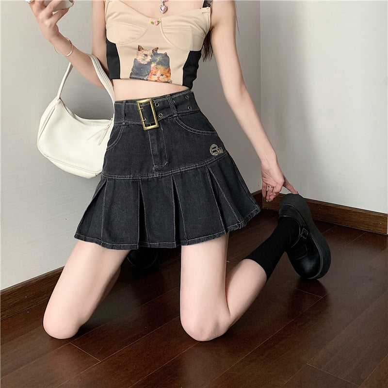 【送料無料】サマーレトロ デニム ショートスカート ハイウエスト ガーリー スカート mry000677
