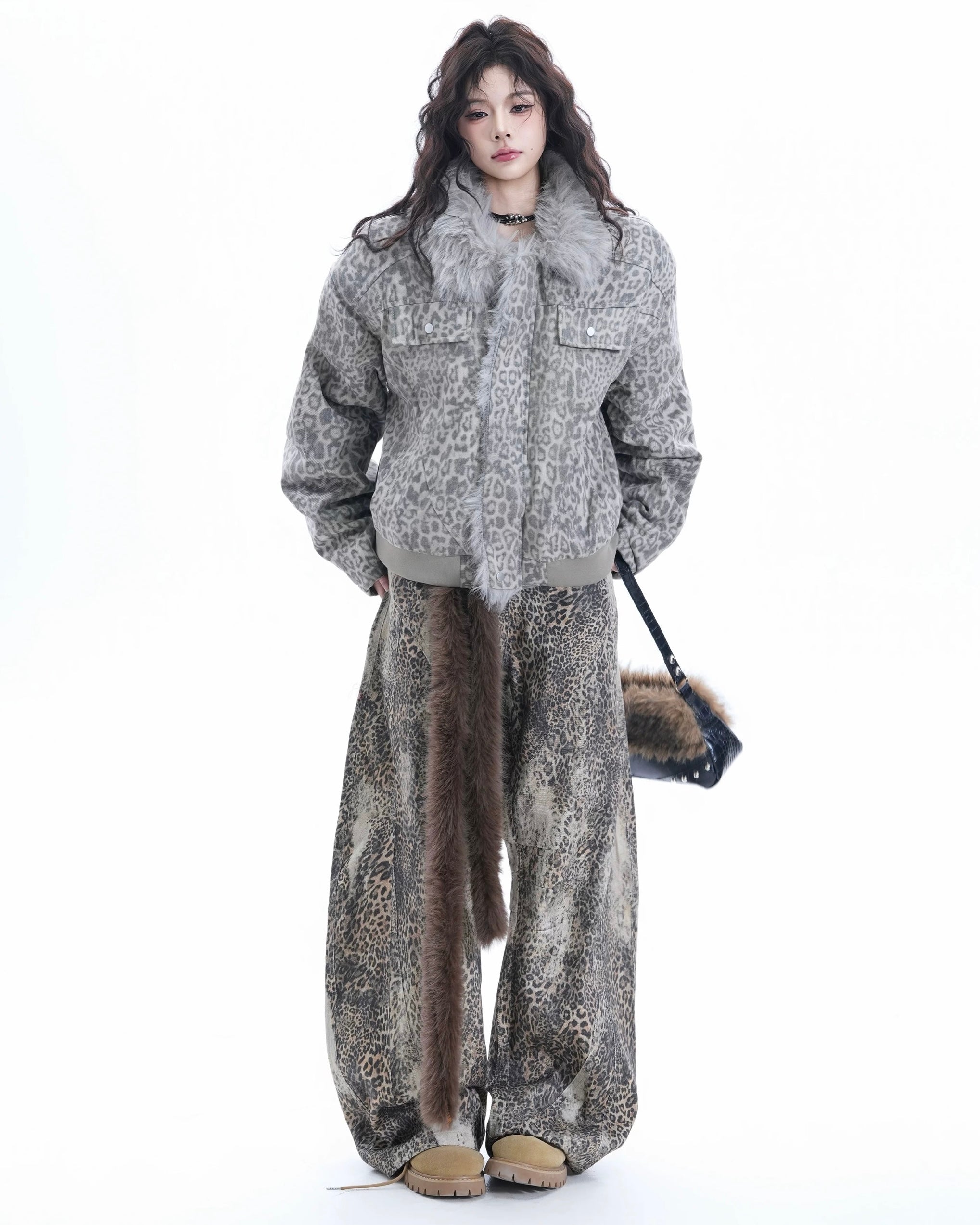 Leopard Faux Fur Trim Jacket mry002082