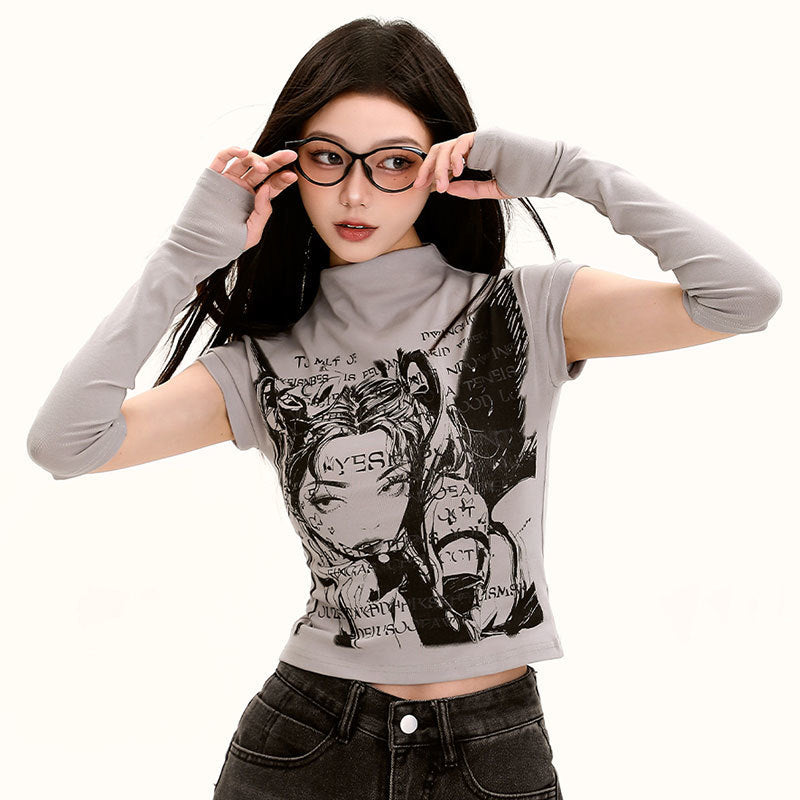 【2color】Cyber Graphic Mock Neck T-Shirt mry001713