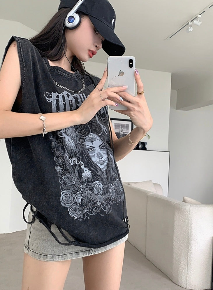 Chain Neck Graphic Sleeveless Tee mry001656