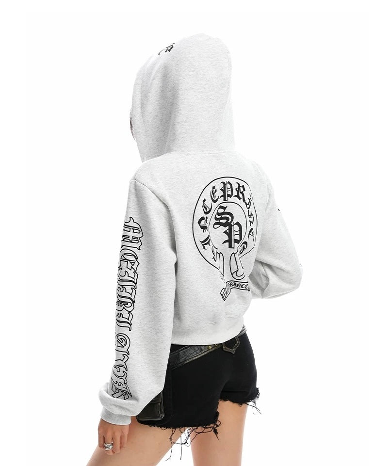 【Tops】Gothic Logo Cropped Zip Hoodie mry001888