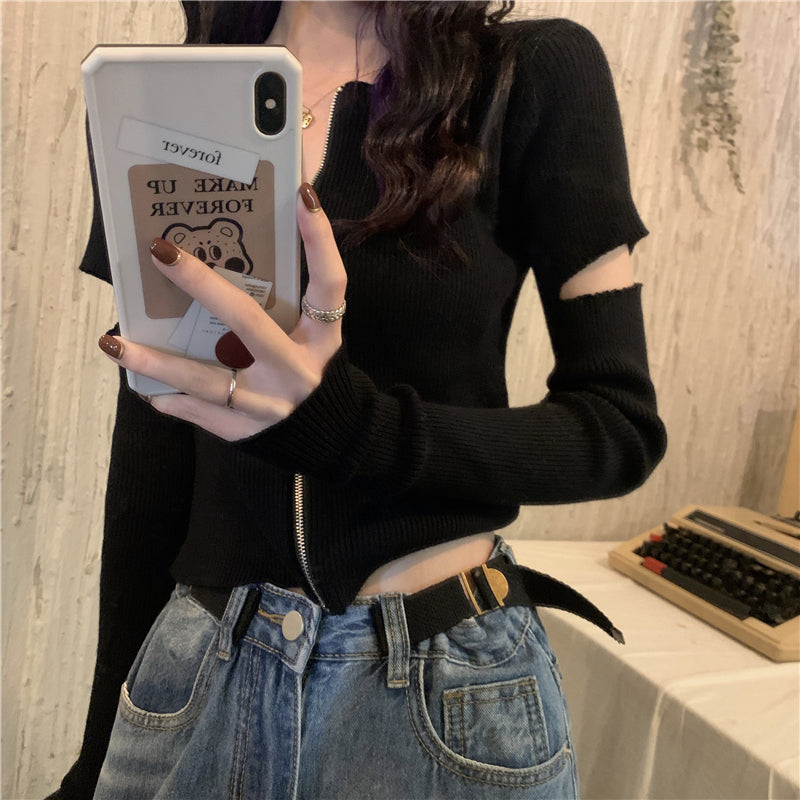 【送料無料】4カラー展開 ジッパー 長袖ニット 夏カーディガン カジュアル ストリート mry000642