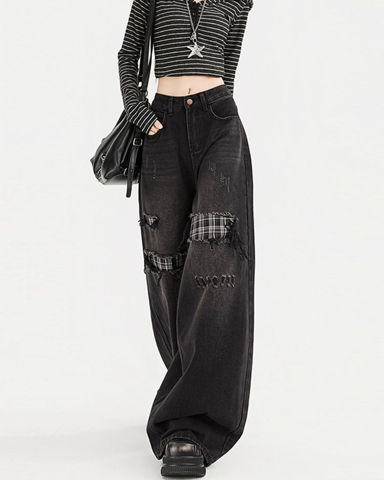 【COVER:FIT】Plaid Patch Ripped Wide-Leg Jeans mry001872