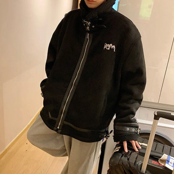 2カラー展開 韓国ストリート 韓国カジュアル トレンド バックプリント ハイネック ムートンジャケット mry001253