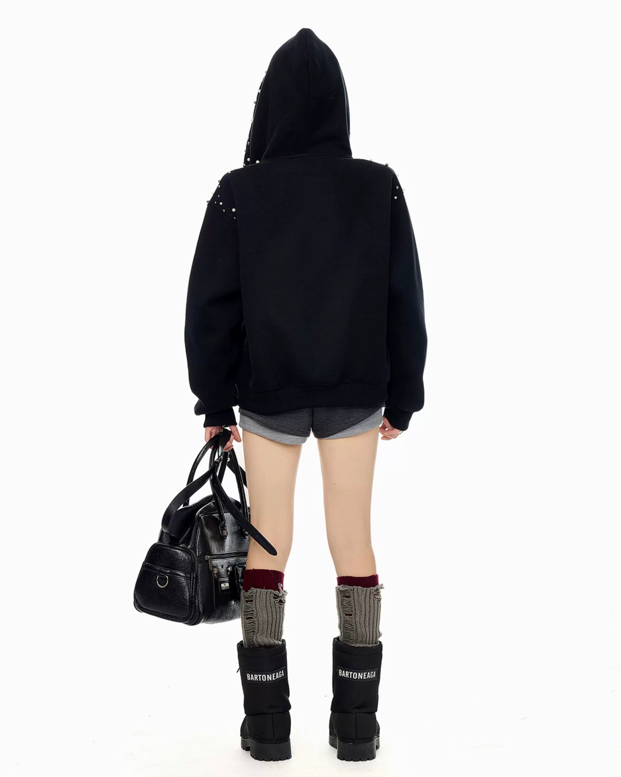 【Tops】Pearl Studded Oversized Zip Hoodie mry001895