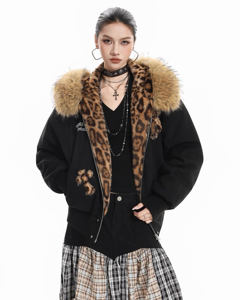 Leopard Lined Fur Hood Jacket mry002068