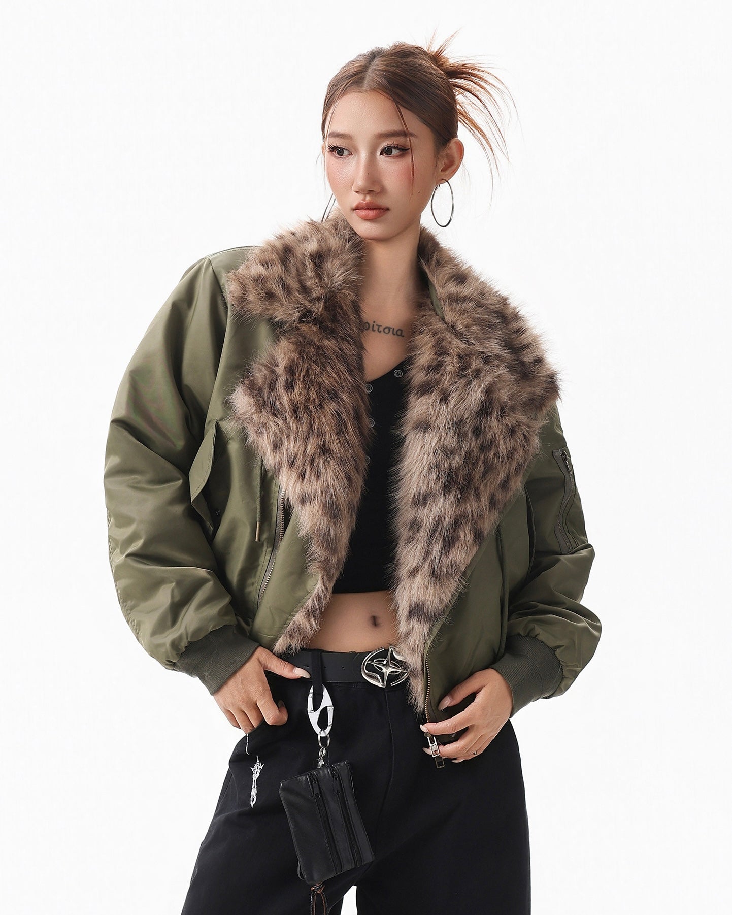 Leopard Faux Fur Collar Bomber mry002092