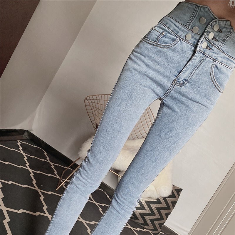 【送料無料】デザイン ハイウエスト ジーンズ スキニー 韓国カジュアル 韓国ガーリー mry000524