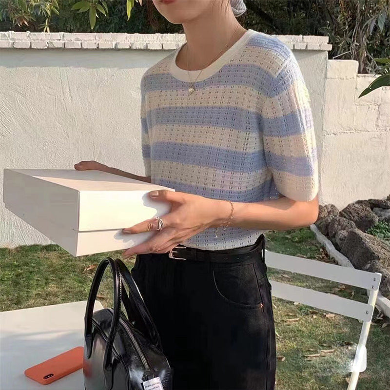 【送料無料】2023SS ストライプ 半袖セーター シック トップス 韓国カジュアル 韓国ガーリー mry000827