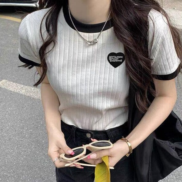 ワンポイント 半袖ニット トップス サマーニット 韓国カジュアル 韓国ガーリー mry000668
