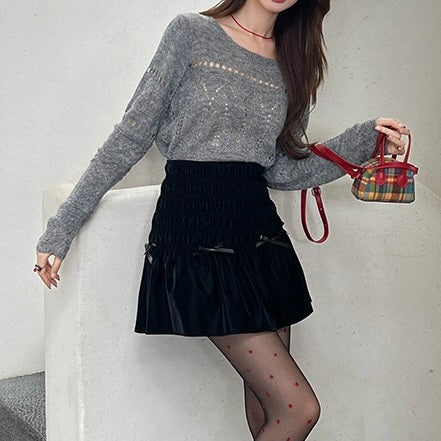 2カラー展開 韓国カジュアル 韓国デザイン シャーリング リボン ミニスカート mry001093