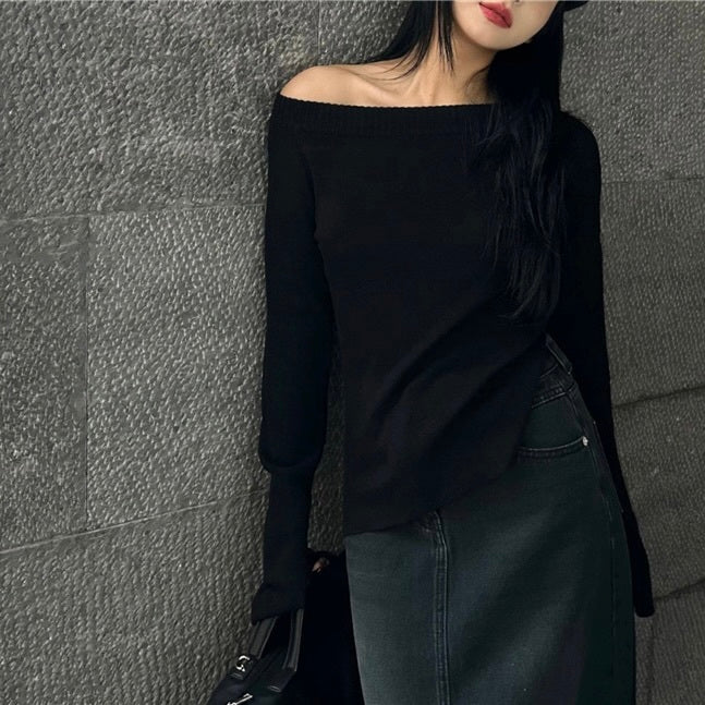 2カラー展開 韓国ストリート 韓国デザイン 韓国カジュアル シンプル オフショルダー ニットトップス mry001145