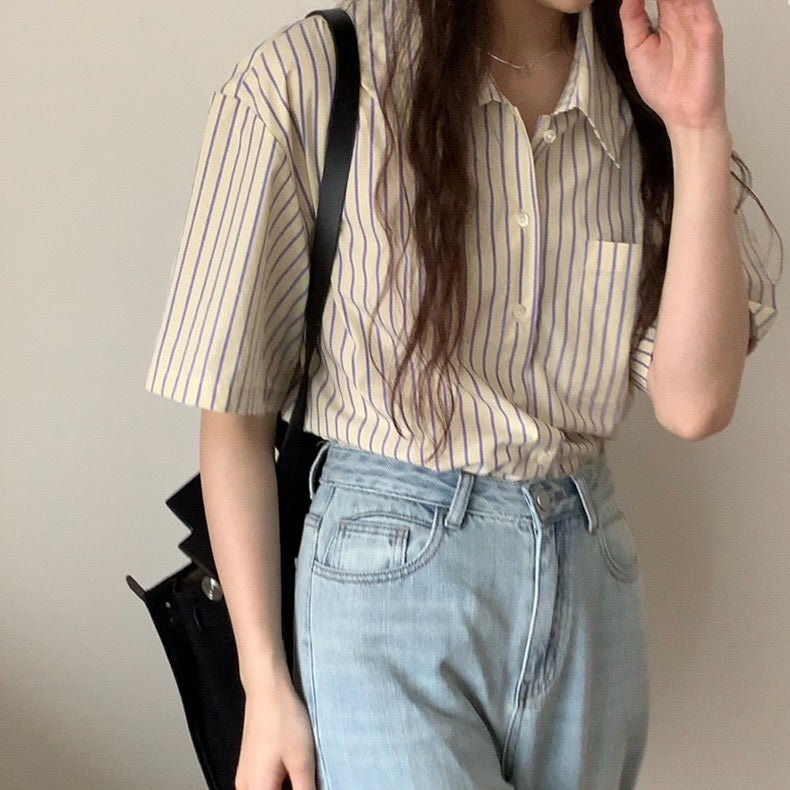 ラペル半袖 ストライプシャツ mry000062