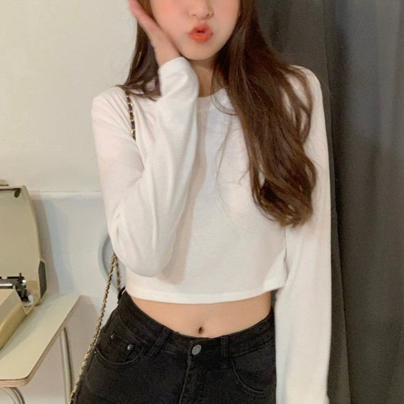 3カラー展開 韓国カジュアル 韓国ストリート シンプル ショート丈 トップ mry001077