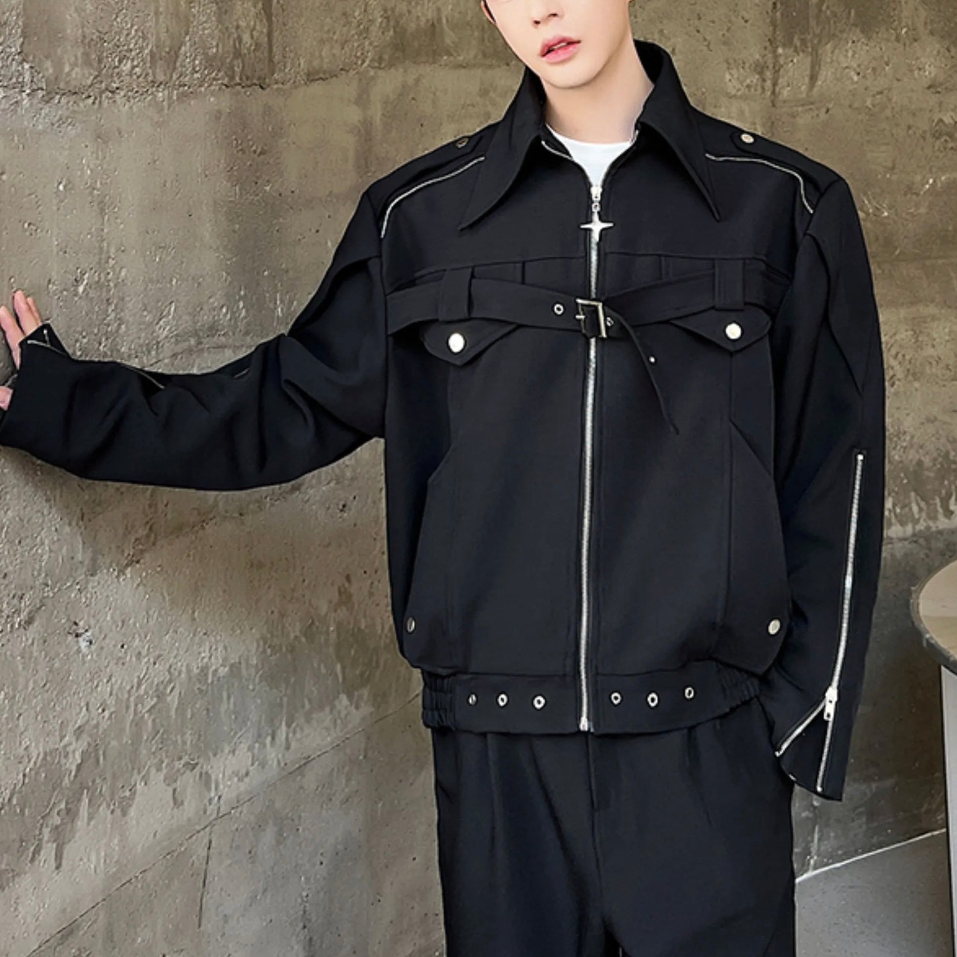 韓国ストリート 韓国カジュアル ベルト付き ファスナージャケット mry001244