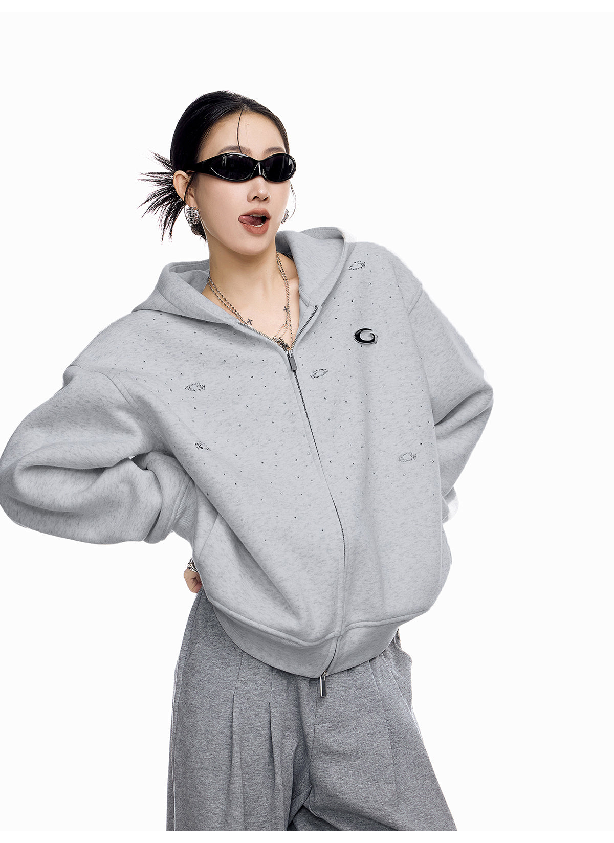 【評価★4.8以上/高品質】Rhinestone Embellished Oversized Zip Hoodie mry001898