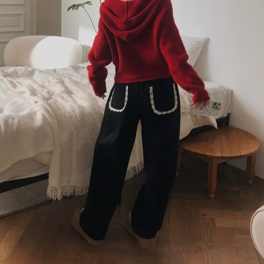 【YURU:FIT/2color】韓国デザイン 韓国ストリート リラックスフィット レース ワイドパンツ mry001198