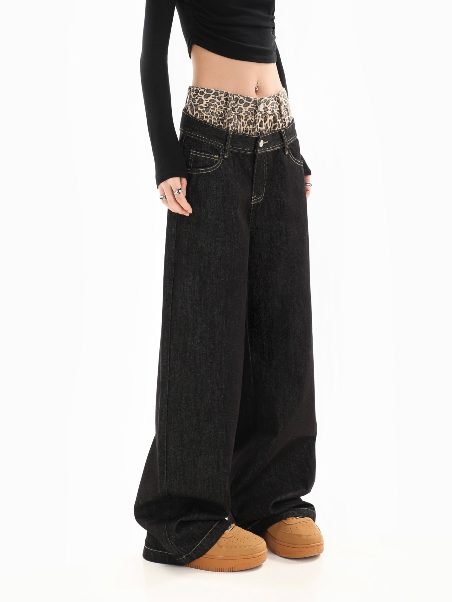 Leopard Waistband Wide-Leg Jeans mry001853