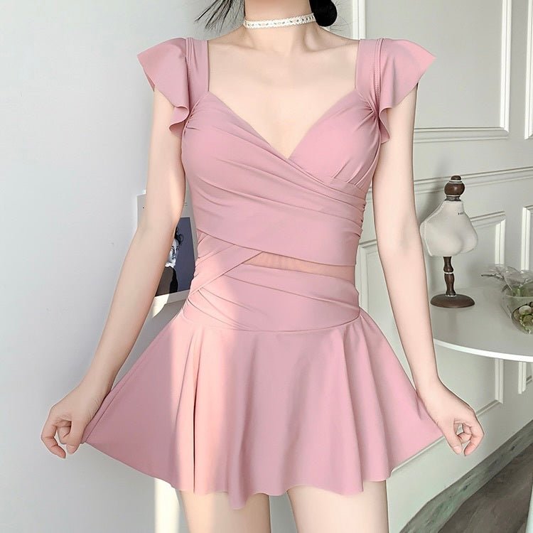 【送料無料】3カラー展開 フリル ショルダー ウエスト ツイスト ワンピース 水着 韓国ガーリー mry000771