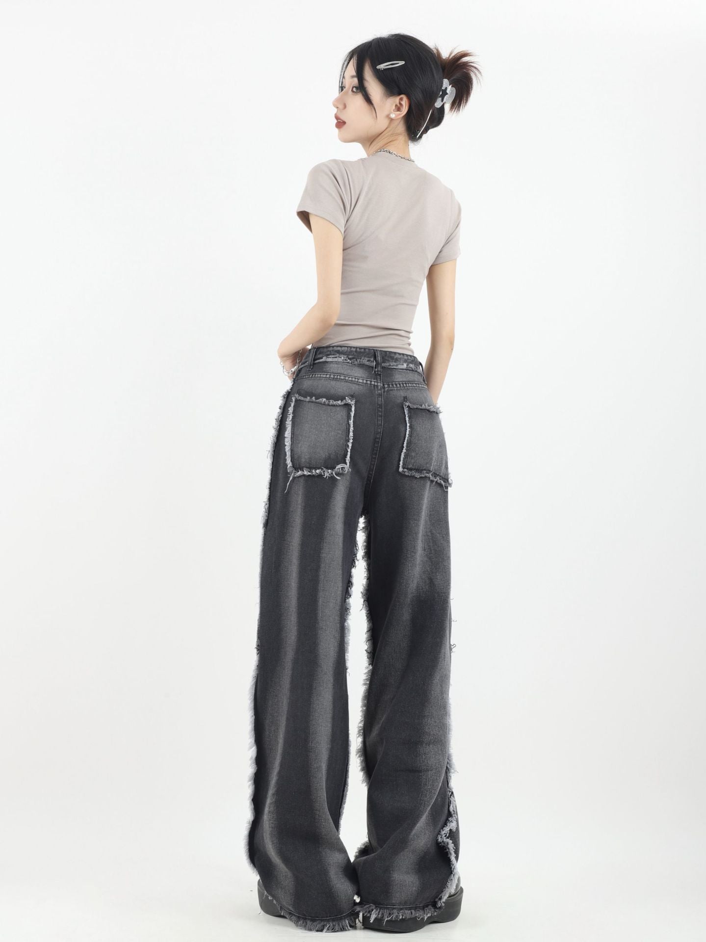 Grunge Patchwork Wide-Leg Denim Pants mry001668