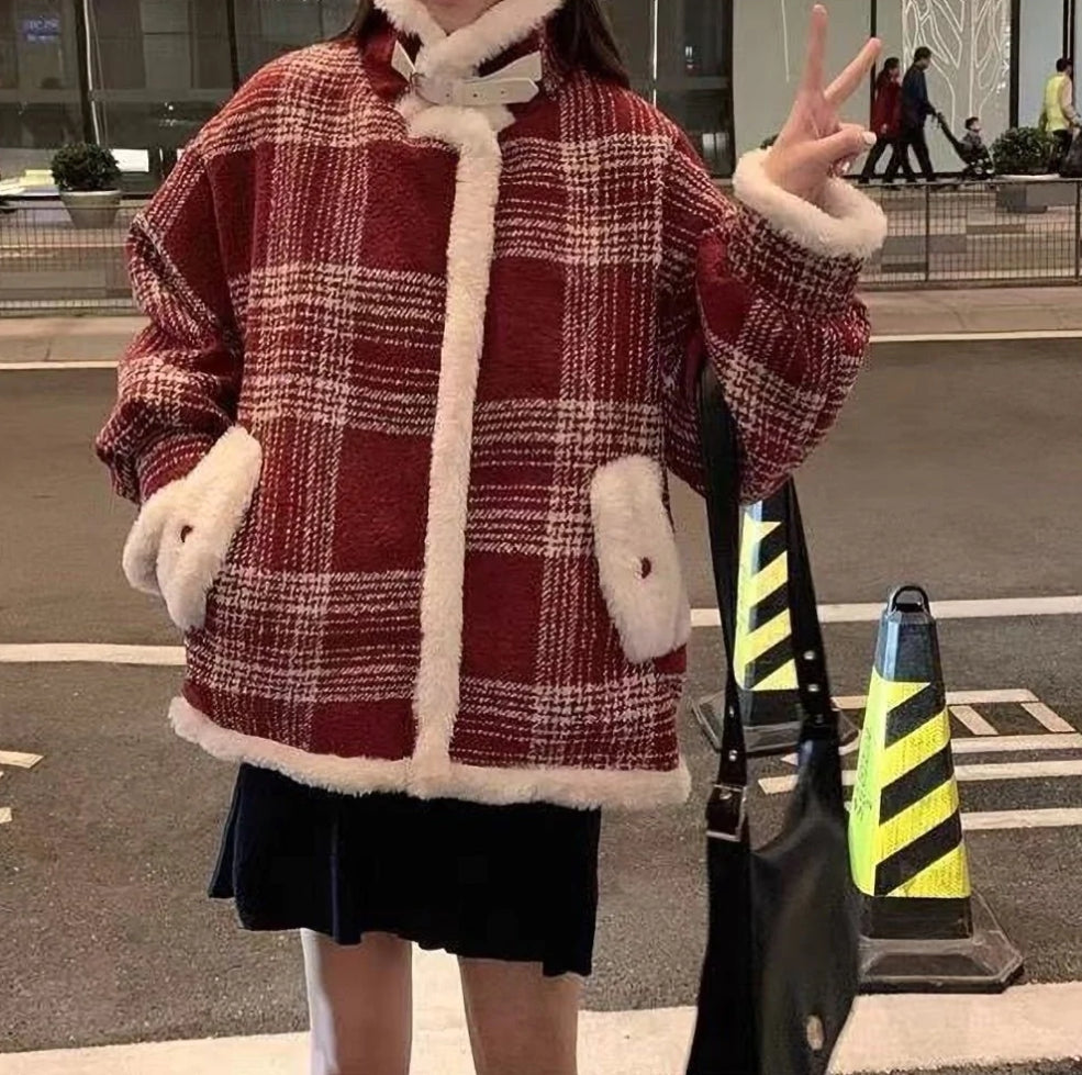 モコモコチェック柄 ハイネックジャケット mry000486